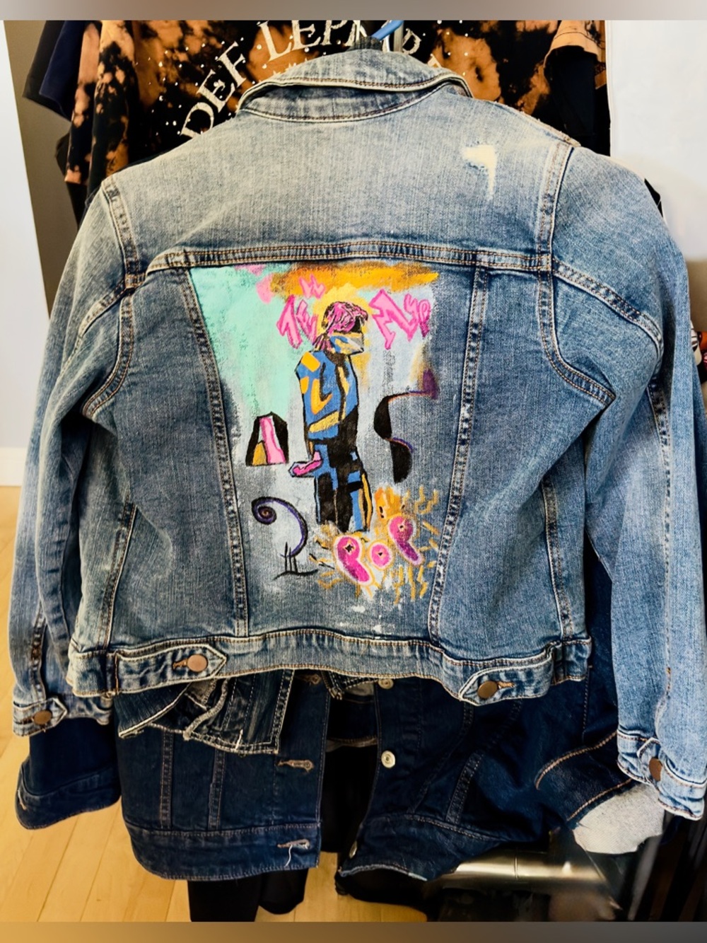 Youth XL, Women’s SMALL Hand-Painted abstract design, Denim Jeans Jacket.